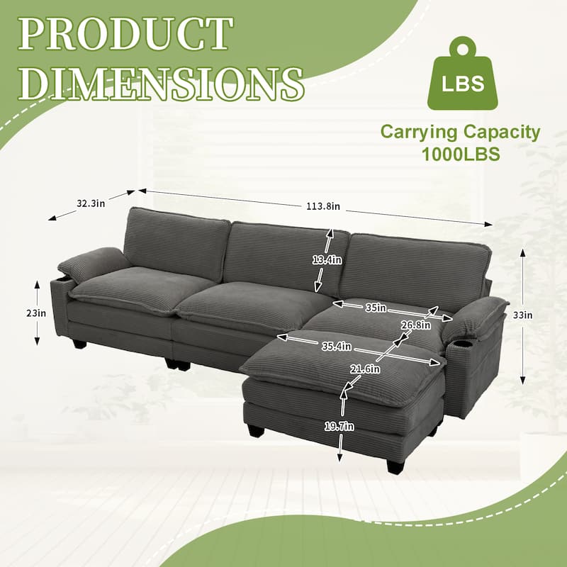 113" L Shaped Sectional Sofa, Deep Seat Cloud Couch with Ottoman, Oversized Corduroy Couch with Cup Holders, Storage Bags