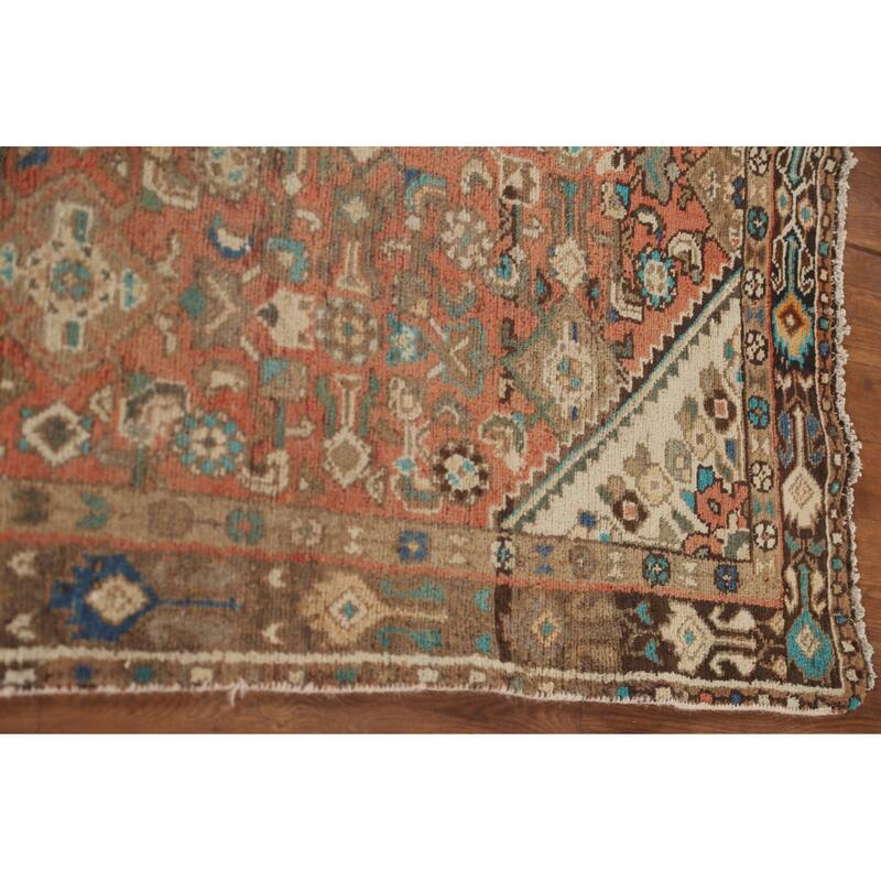 Hamedan Persian Vintage Runner Rug Handmade Geometric Wool Carpet - 3'5"x 9'9"