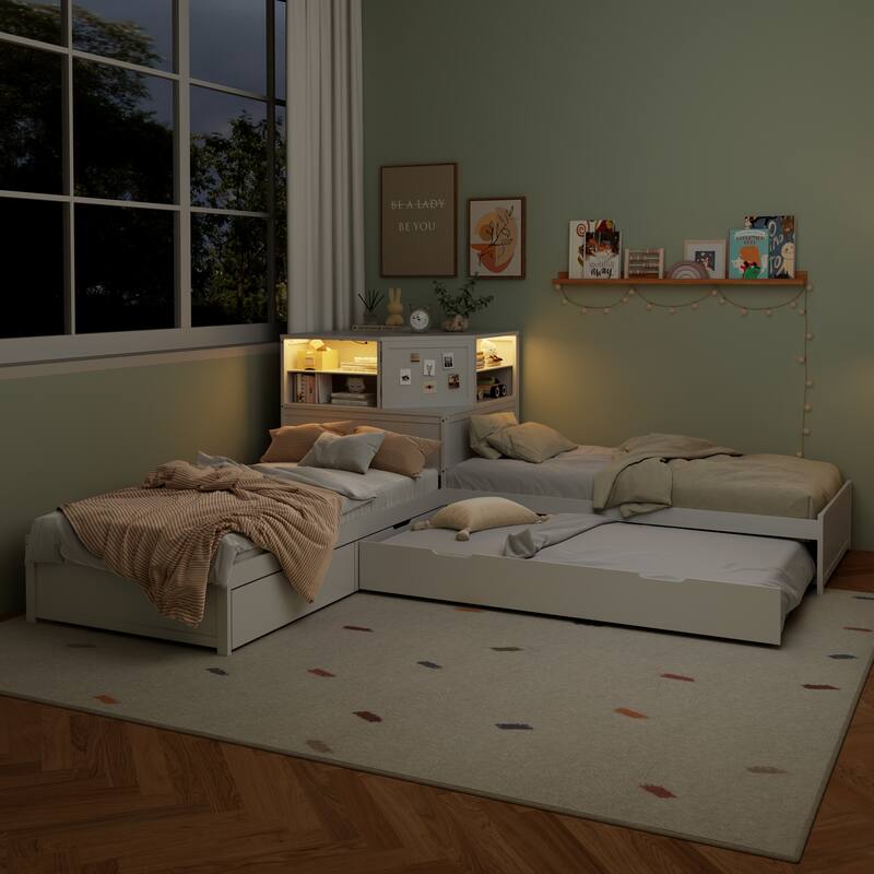 All-in-one Low Profile Platform Bed with Trundle and Drawer, Wooden Floor Bed Linked Corner Bed Built-in Desk and Led Downlight