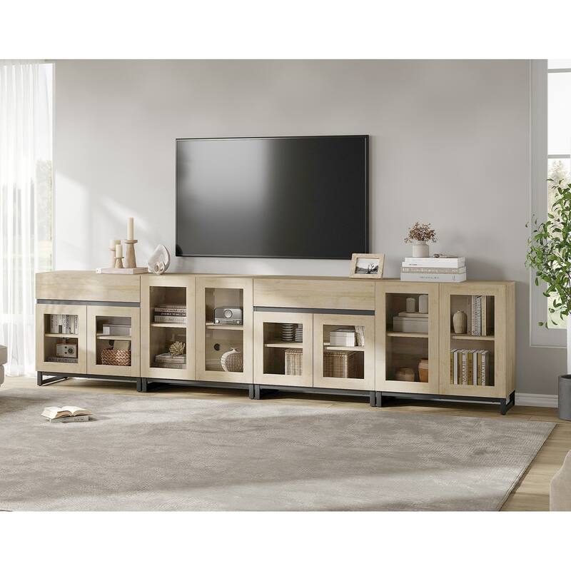 4-in-1 TV Stand for 120" TVs, Modern Console with Glass Doors & 2 Drawers, Adjustable Shelf - 126 inches - Beige