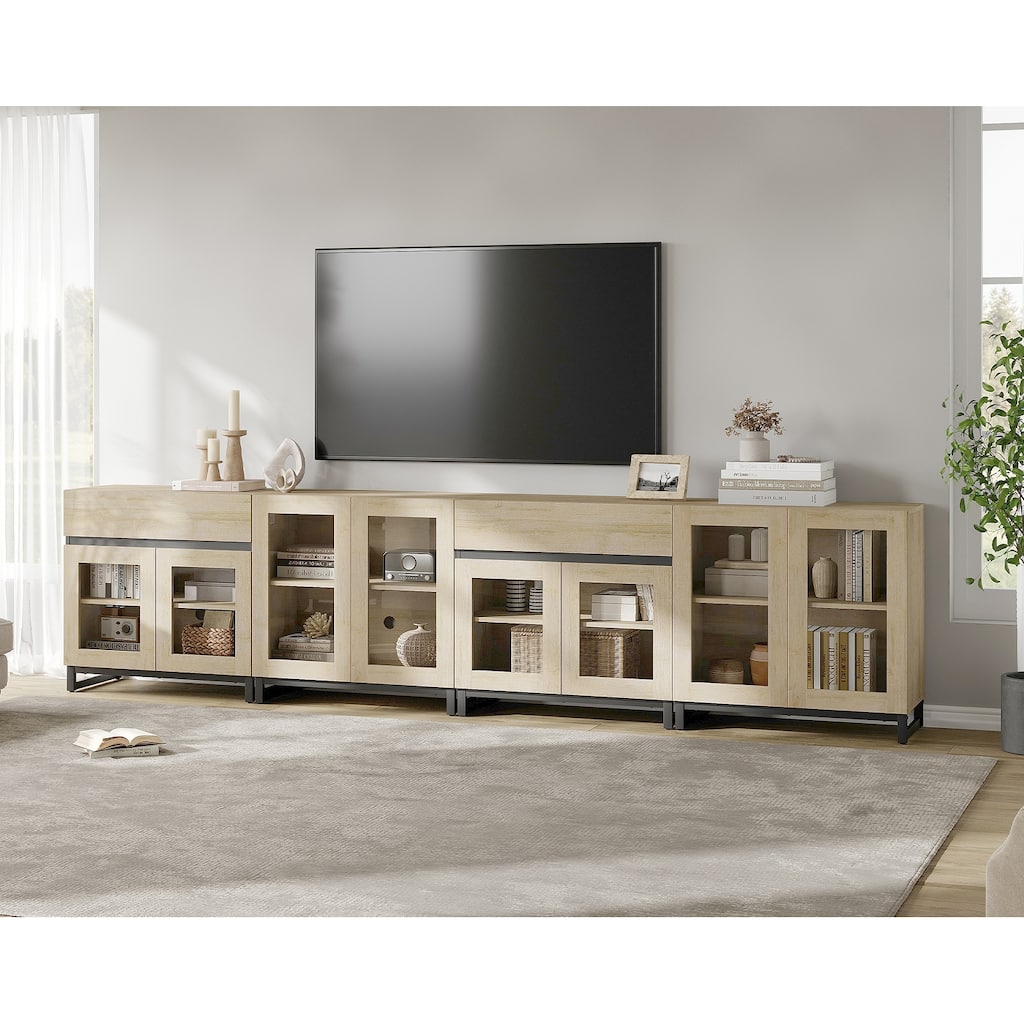 4-in-1 TV Stand for 120" TVs, Modern Console with Glass Doors & 2 Drawers, Adjustable Shelf
