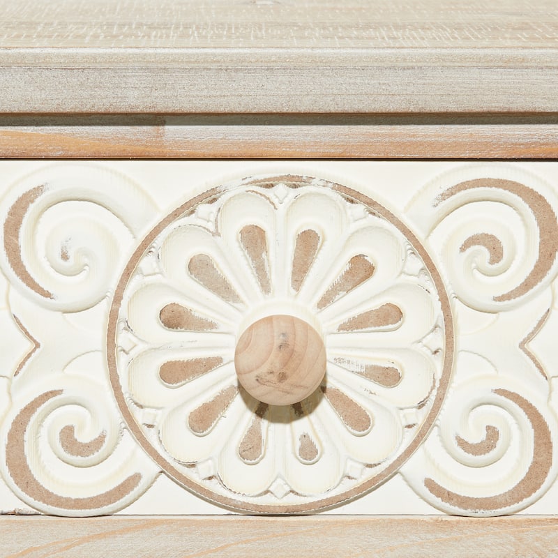 Wood Floral Intricately Carved 2 Drawer Console Table - Brown - Roche River Decor - 16"W x 36"L x 33"H