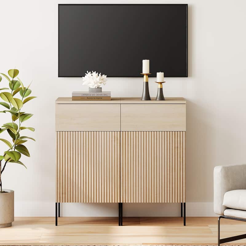 31.5" Modern Reeded TV Stand With Charging Station, Entertainment Center With Adjustable Shelves - Beige