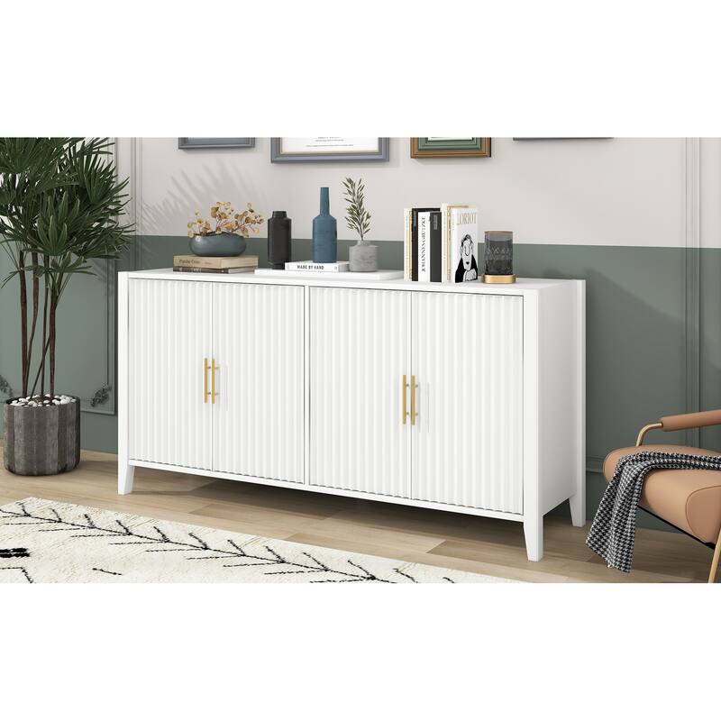 Elegant Storage Cabinet Sideboard, MDF & Solid Wood, Wave Pattern Design with Metal Handles for Living Room, Hallway
