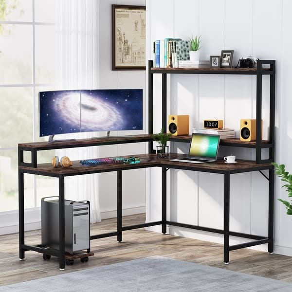 L Shaped Desk With Hutch And Monitor Stand, Corner Computer Desk Home Office  Desk With Storage Shelf Gaming Table Workstation - - 33034783