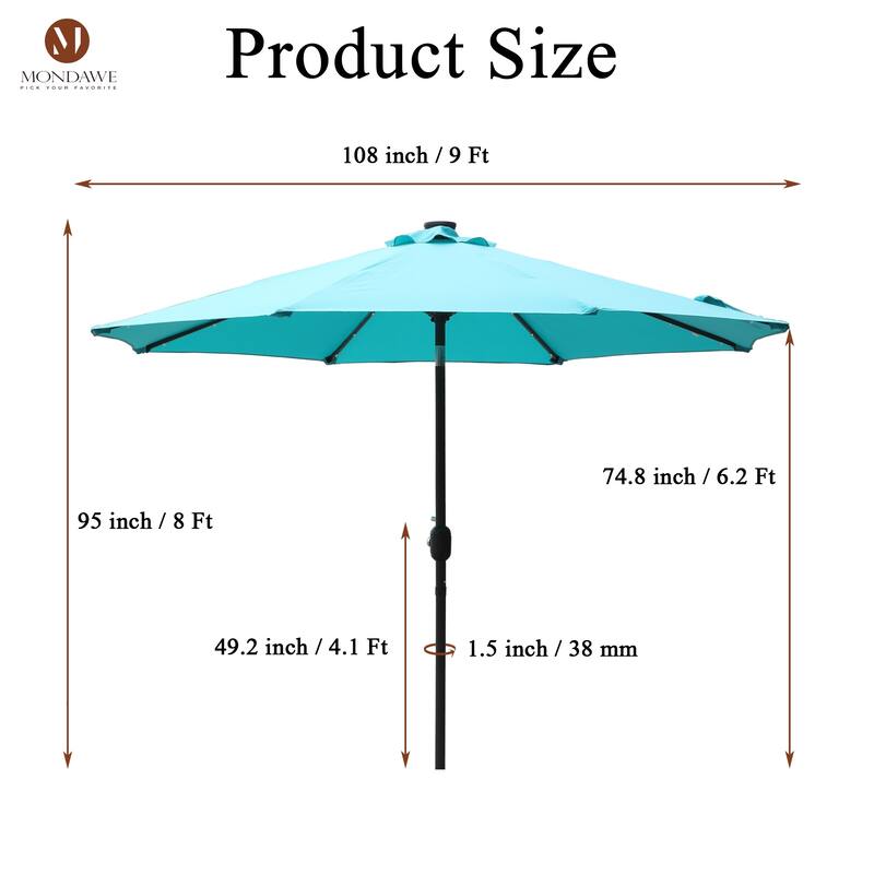 9Ft Patio Market Umbrella with 32 LED Round Solar
