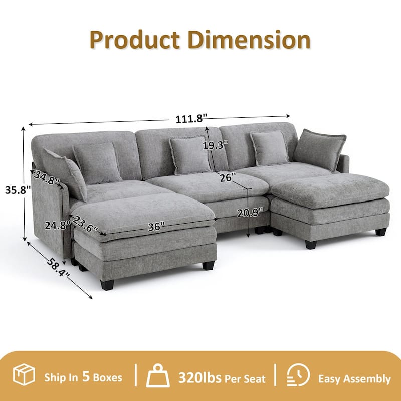 MCombo 111.8'' Modular Sectional Sofa Couch with Reversible Ottoman for Living Room, L Shaped Sofa, FSC Certified