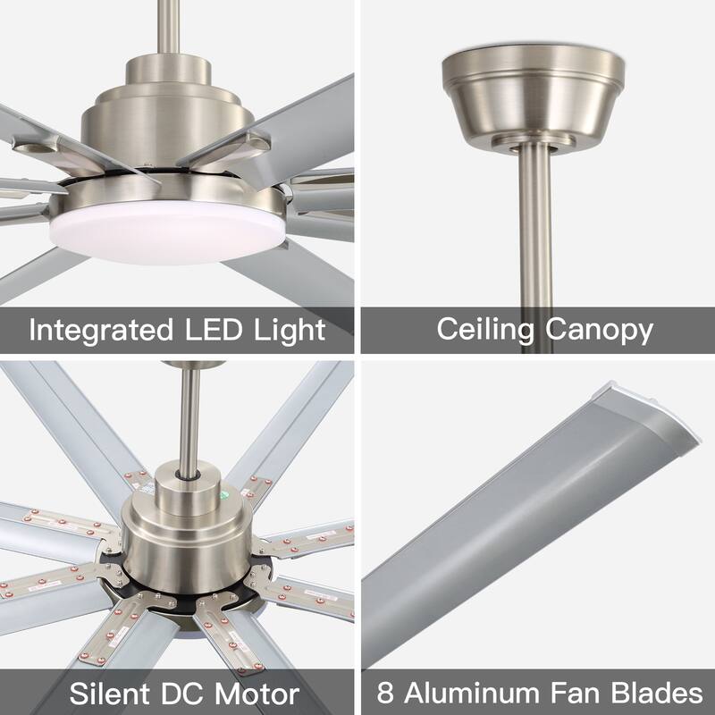 84-Inch DC Motor Ceiling Fan with Dimmable Light and 8-Blade Aluminum Silver Blades - Nickel