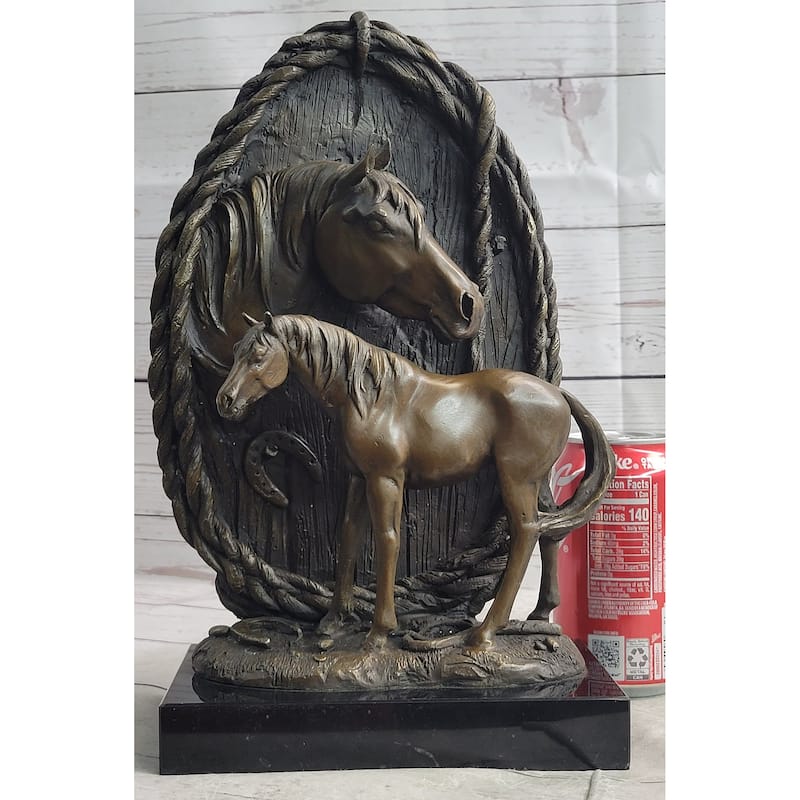 Equestrian Horse Lover Decor Mare Foal Bronze Sculpture Statue On Marble Base