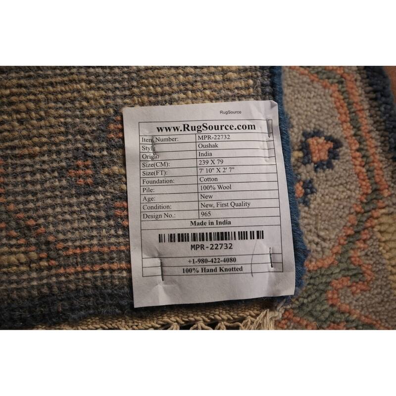 Blue Oushak Vegetable Dye Runner Rug Hand-Knotted Wool Carpet - 2'7" x 7'10"