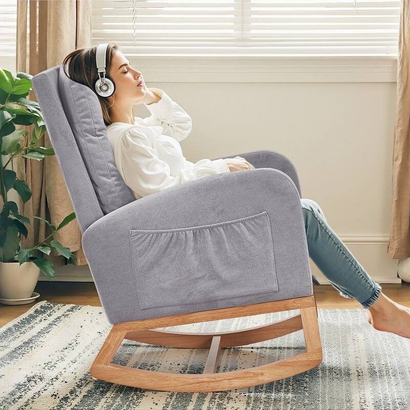 Javlergo Small Space Rocking Chair with Pull-Out Pedals Solid Wood Legs Glider Chair for Nursery with Two Side Storage Pockets