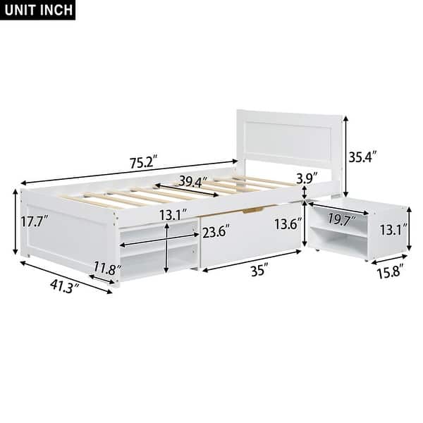dimension image slide 1 of 2, Twin Size Platform Bed With Drawer And Two Shelves