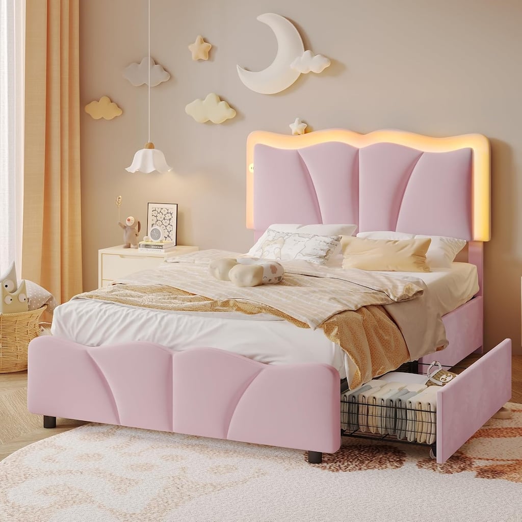LED Bed Frame Adjustable Headboard with Charging Station Storage Drawers