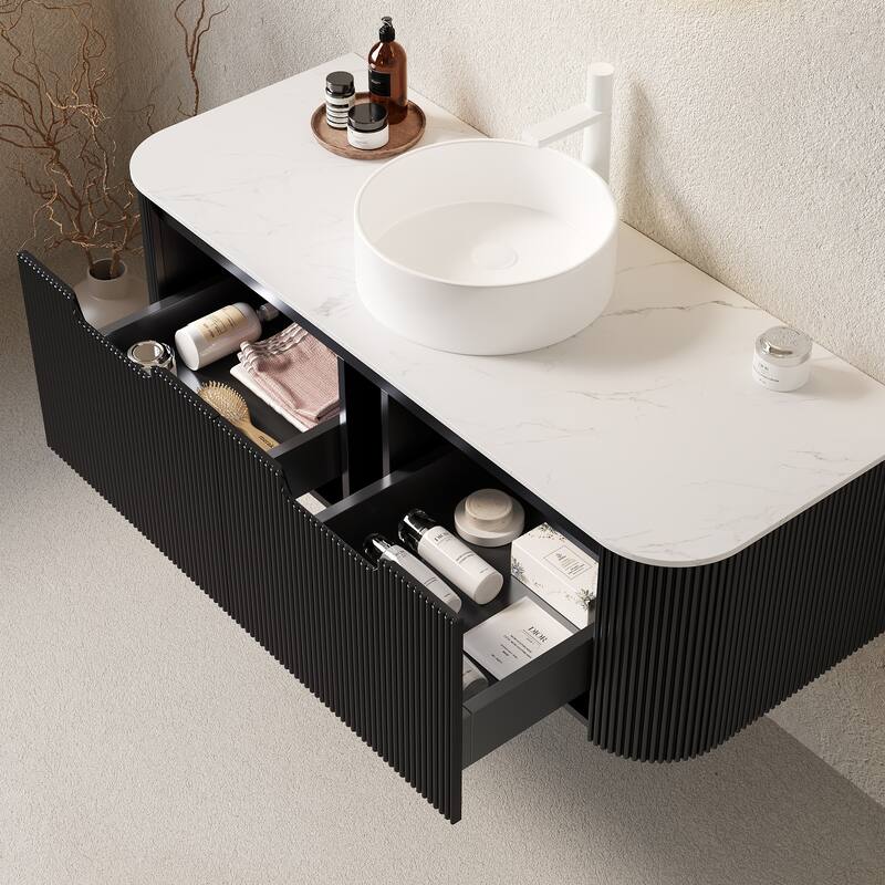 48" Bathroom Vanity with Sink, Wall-Mounted Floating Curved Edges Striped Bathroom Storage Cabinet with 2 Drawers, NO Faucet