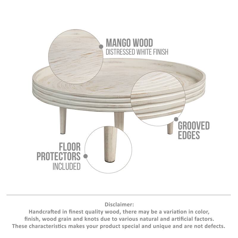 33 Inch Coffee Table, Solid Mango Wood, Handcrafted Round Grooved Raised Edge Distressed White