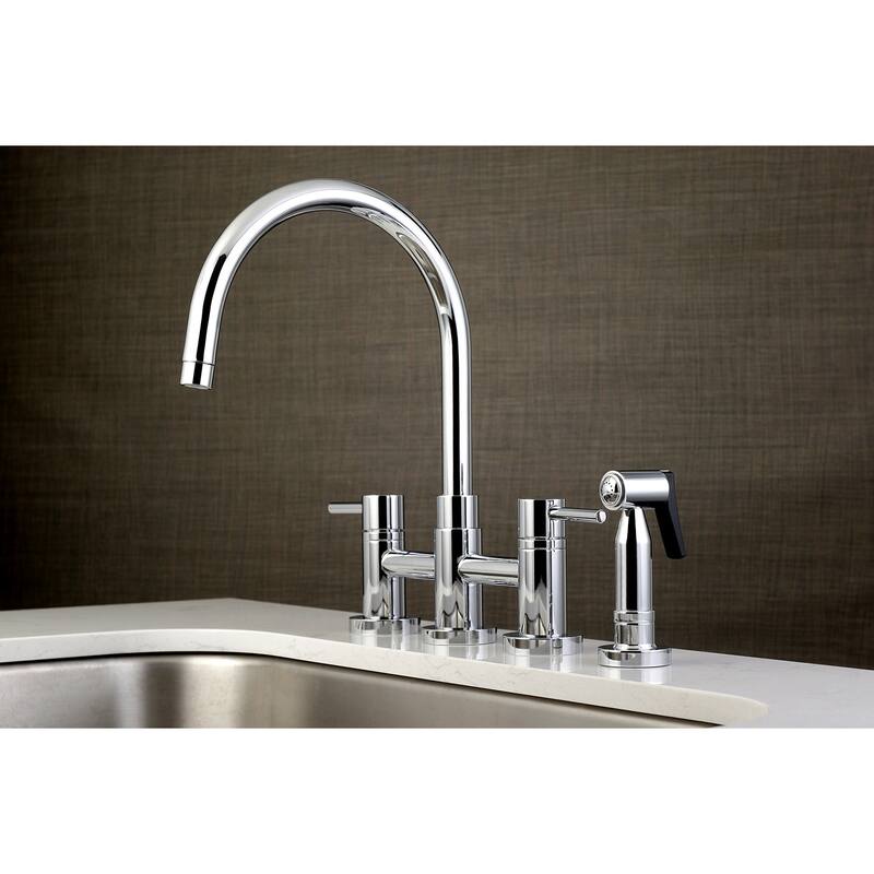 Kingston Brass Concord Two-Handle Gooseneck Bridge Kitchen Faucet with Brass Sprayer