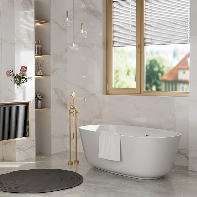 Modland 42''H Floor Mount Bathtub Faucet Freestanding Tub Filler With Handheld Shower In Black / Gold