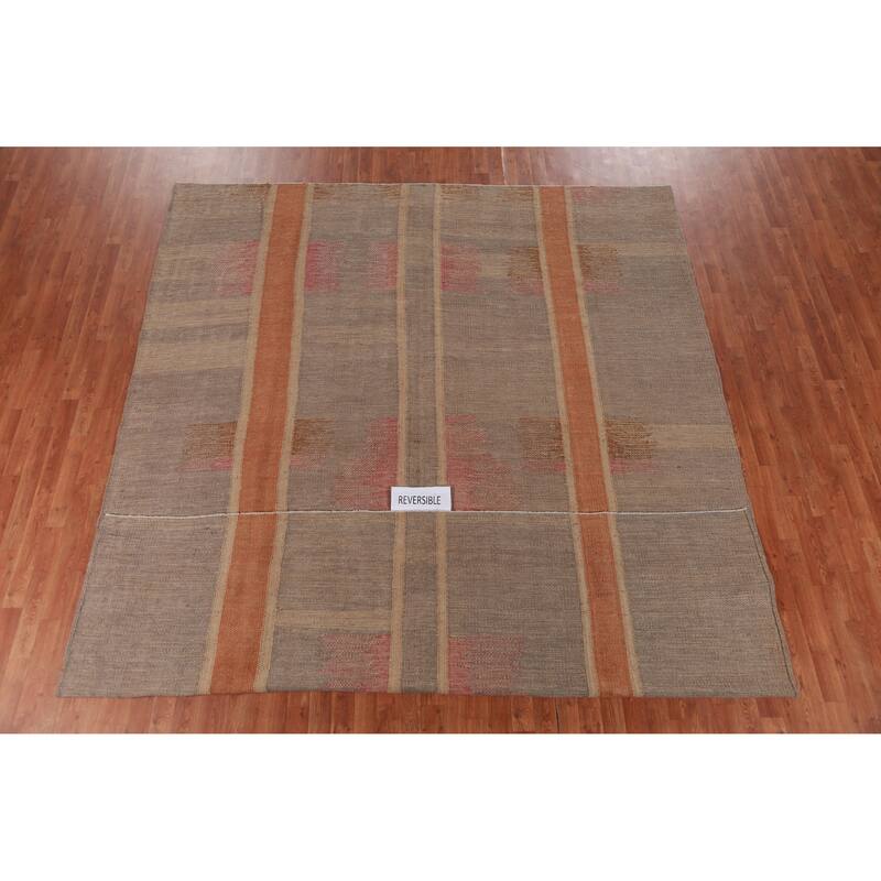 Hand Woven Oriental 100% Jute Carpet Modern Stripe Brown Kilim Area Rug - 11' 7'' X 9' 2''