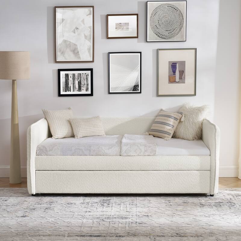 Daybed with Trundle Upholstered Tufted Sofa Bed, Twin Size, Boucle Fabric, Beige (83"x43"x29.5")