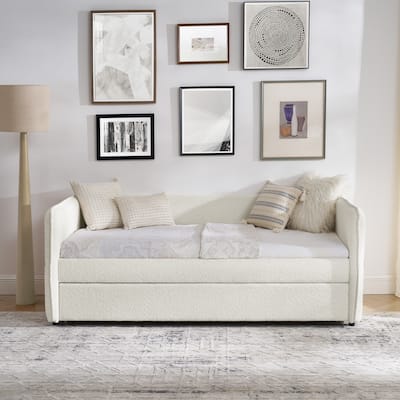 Upholstered Tufted Daybed, Boucle Fabric Sofa Bed Frame with Trundle