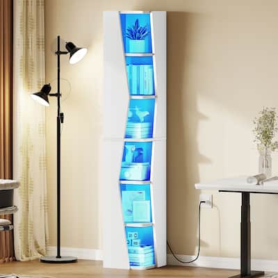 Moasis Narrow Corner Bookcase 6 Tier Display LED Bookshelves with Power Outlet