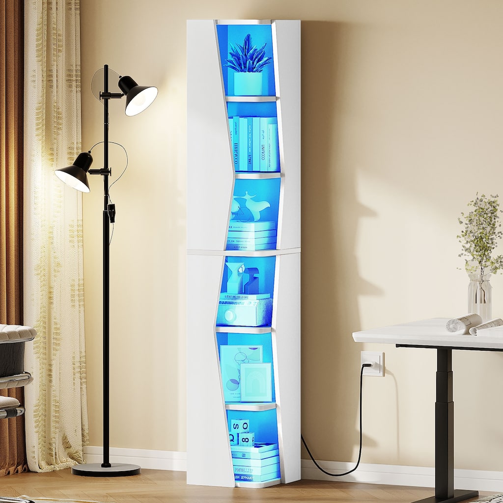 Moasis Narrow Corner Bookcase 6 Tier Display LED Bookshelves with Power Outlet