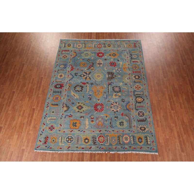 Light Blue Oushak Indian Area Rug Hand-Knotted Floral Wool Carpet - 8'11"x 11'11"