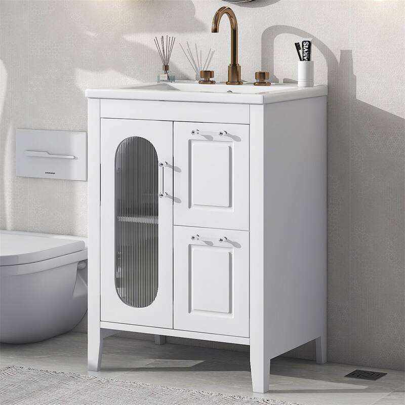 24" Bathroom Wood Vanity Cabinet with Sink, 2 Drawers and Door