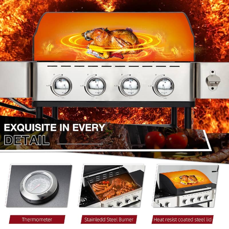 Outdoor BBQ Gas Grill - 58K BTU, Stainless Steel, with Stove & Side Table, perfect for camping, picnics, and gatherings
