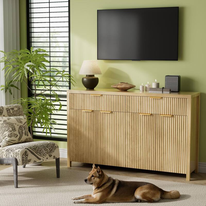 55"Fluted Sideboard Buffet Cabinet with Storage Drawers and Adjustable Shelves
