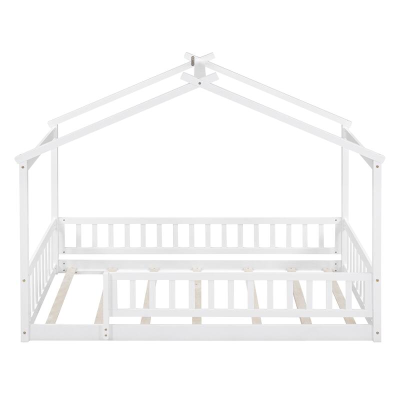 White Twin Size Wood House Bed Frame with Roof & Fence