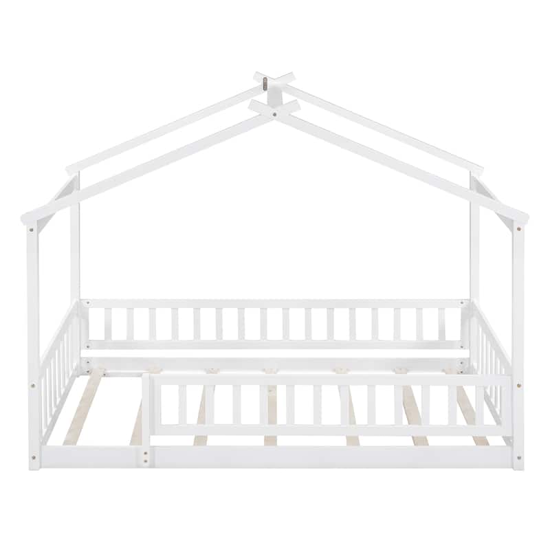 Wood Bed House Bed Frame with Fence for Kids