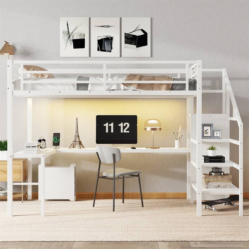 Twin XL Size Loft Bed w/L-shaped Desk & USB,Metal Loft Bed w/Wardrobe