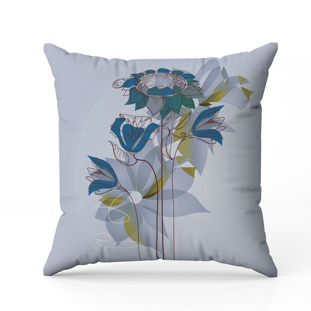 Flowers Line Art Indoor/Outdoor Reversible Throw Pillow Sky and Blue