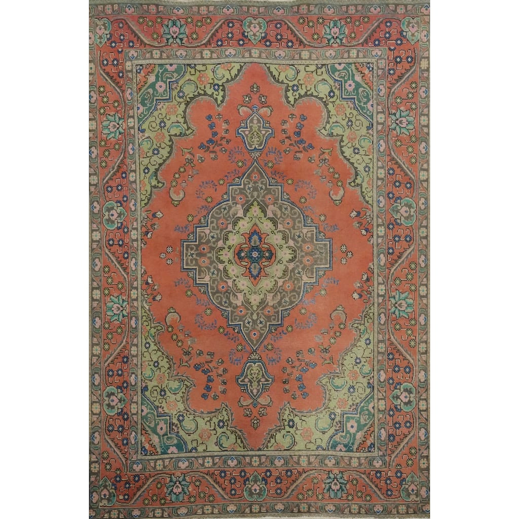 Hand Knotted Oriental 100% Wool Carpet Traditional Floral Oranges & Rust Tabriz Area Rug - 9' 4'' X 6' 4''