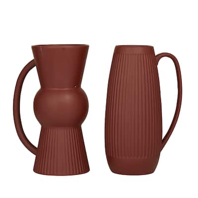 Ceramic Ribbed Vase with Handles - Set of 2 Red - Roche River Decor - 5"W x 7"L x 12"H