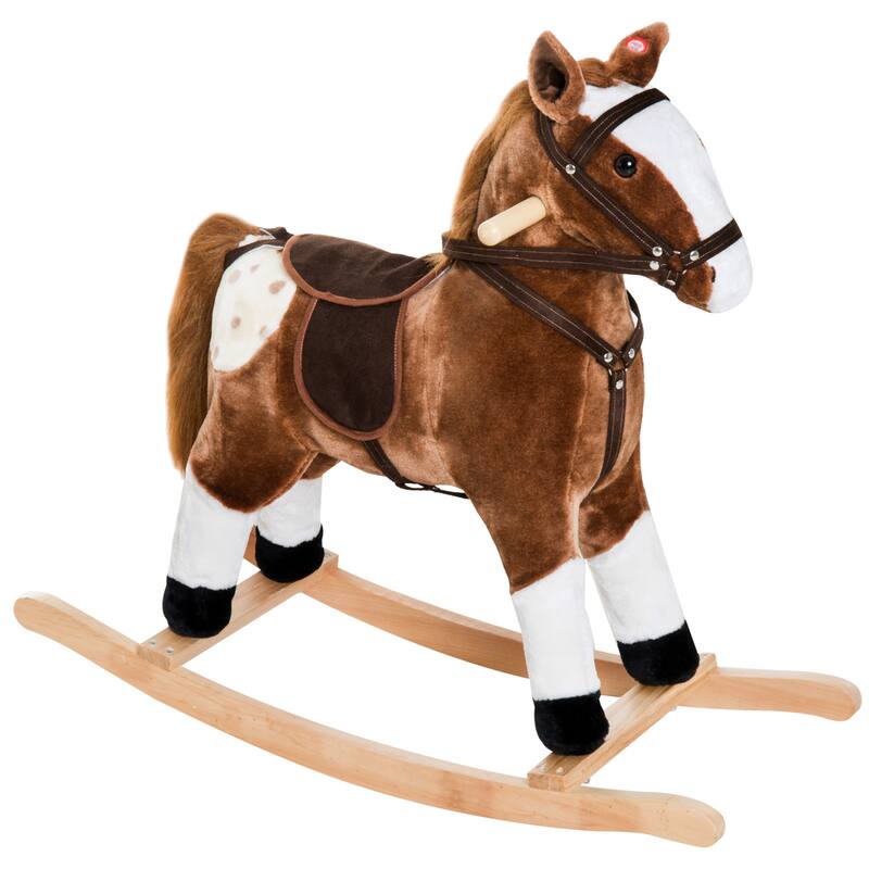 Kids Plush Rocking Horse with Authentic Neigh Sounds, Saddle, and Stirrup for 3-8 Years Old - Comfortable Velvet Fabric - Brown+white+black