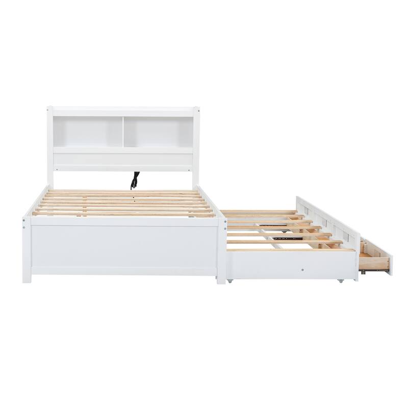 Full Size Platform Bed with Trundle, Drawers, USB Plugs, and Storage Shelves, White