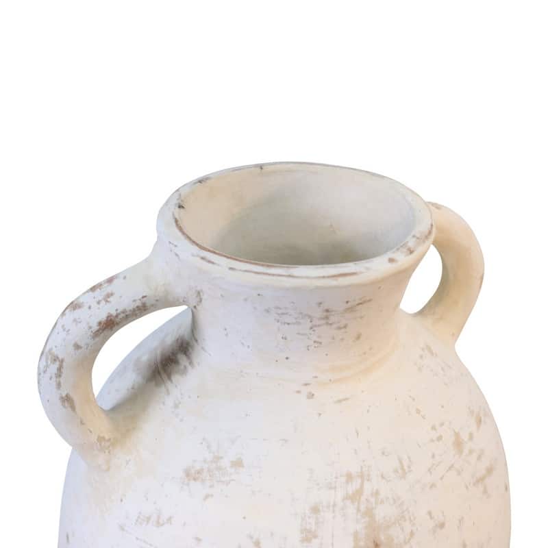 16" high terracota vase with two handles distressed white