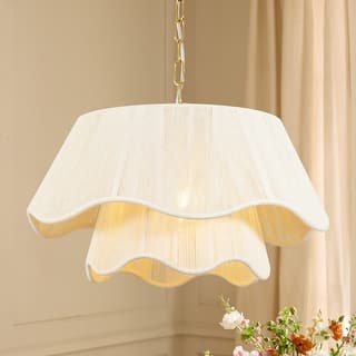 20.3" W 1-Light Mid-Century Modern Brass Double Tiered Fabric Shade Chandelier for Living room