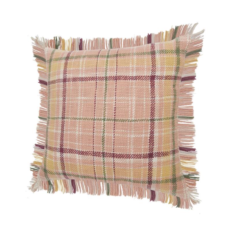 20" Pink and Green Plaid Square Throw Pillow with Fringes