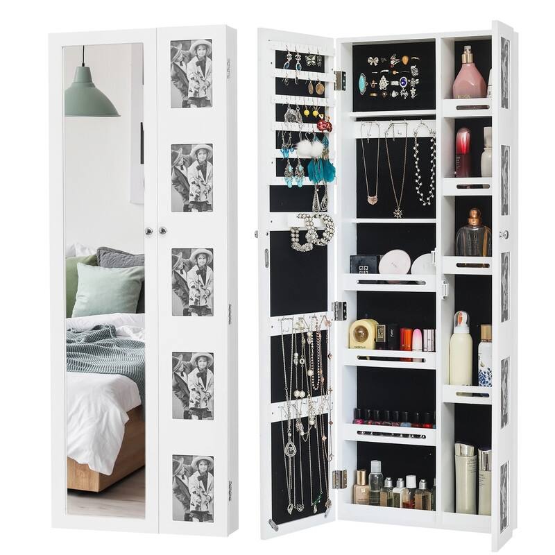 Wooden Wall Mounted Jewelry Armoire Cabinet with Photo Frame White - N/A