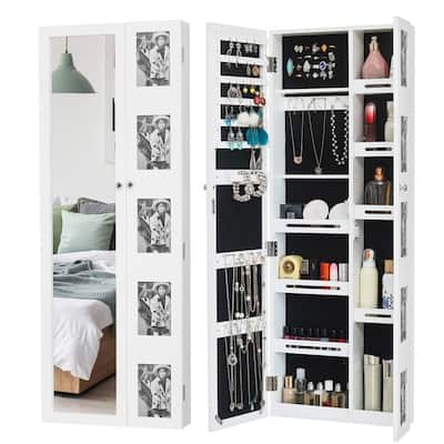 Wooden Wall Mounted Jewelry Armoire Cabinet with Photo Frame White - N/A