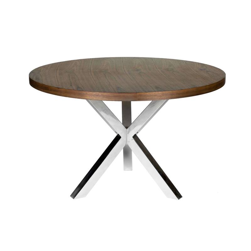 Emi 47 Inch Round Dining Table, X- Cross Brushed Steel, Walnut Brown Wood