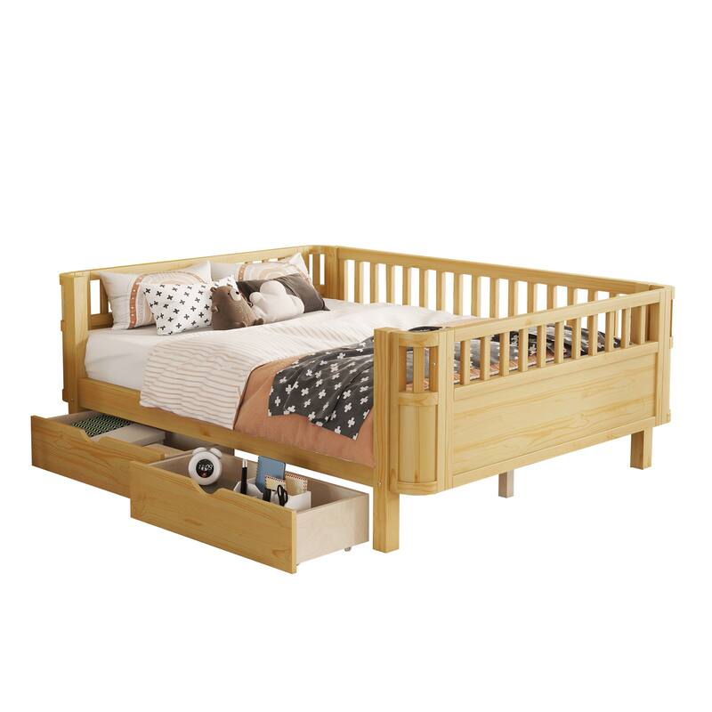 Full Size Wood Platform Bed for Kids, Wood Low Profile Full Bed with Rails for Girls and Boys, White