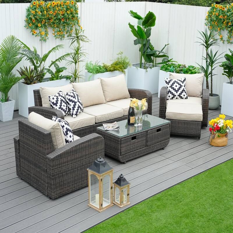 5-piece Wicker Patio Chat Set with Drawer Table