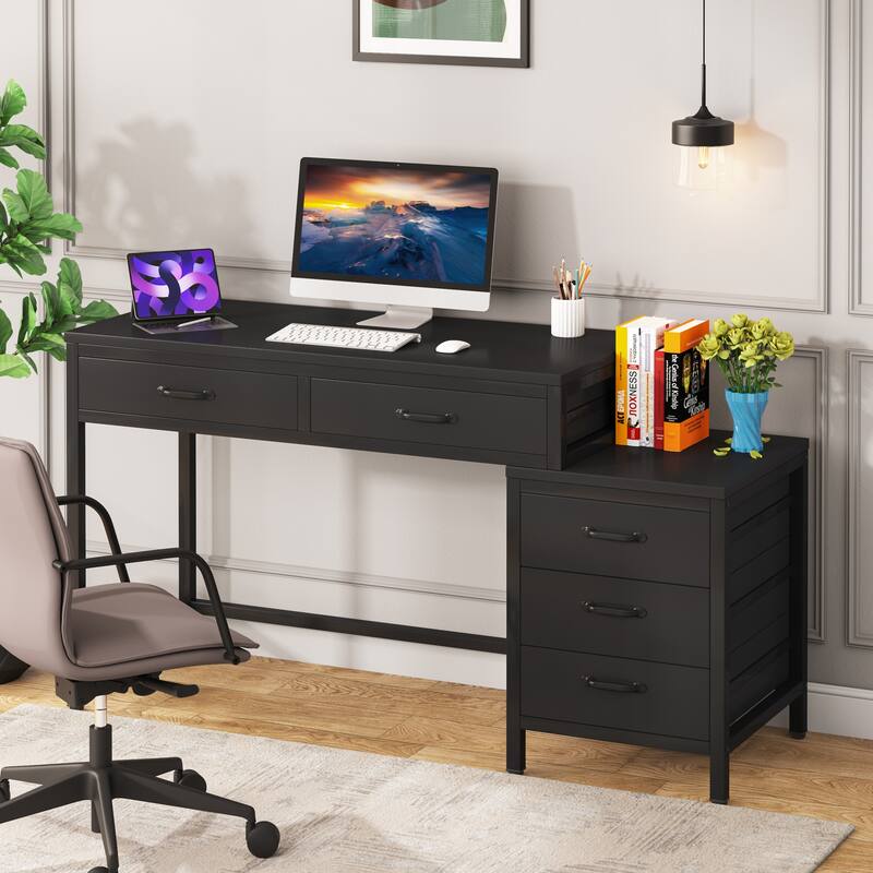 Modern Computer Desk with 5 Drawers, Home Office Desks with Reversible Drawer Cabinet Printer Stand