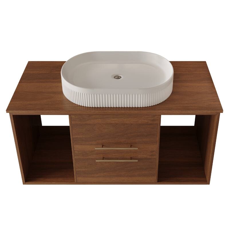 39.4 Floating Bathroom Vanity with Oval Ceramic Sink, Solid Wood Wall-Mounted Bathroom Cabinet, White+Walnut - 39 Inch