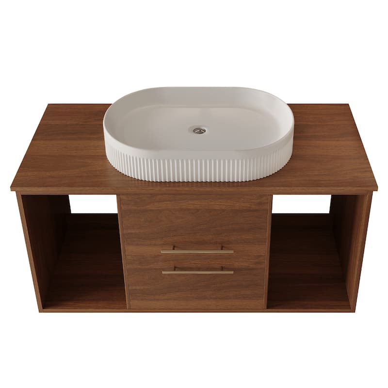 Modern 39.4 Wall-Mounted Bathroom Vanity with Oval Ceramic Sink Floating Vanity Multi-Layer Solid Wood Cabinet