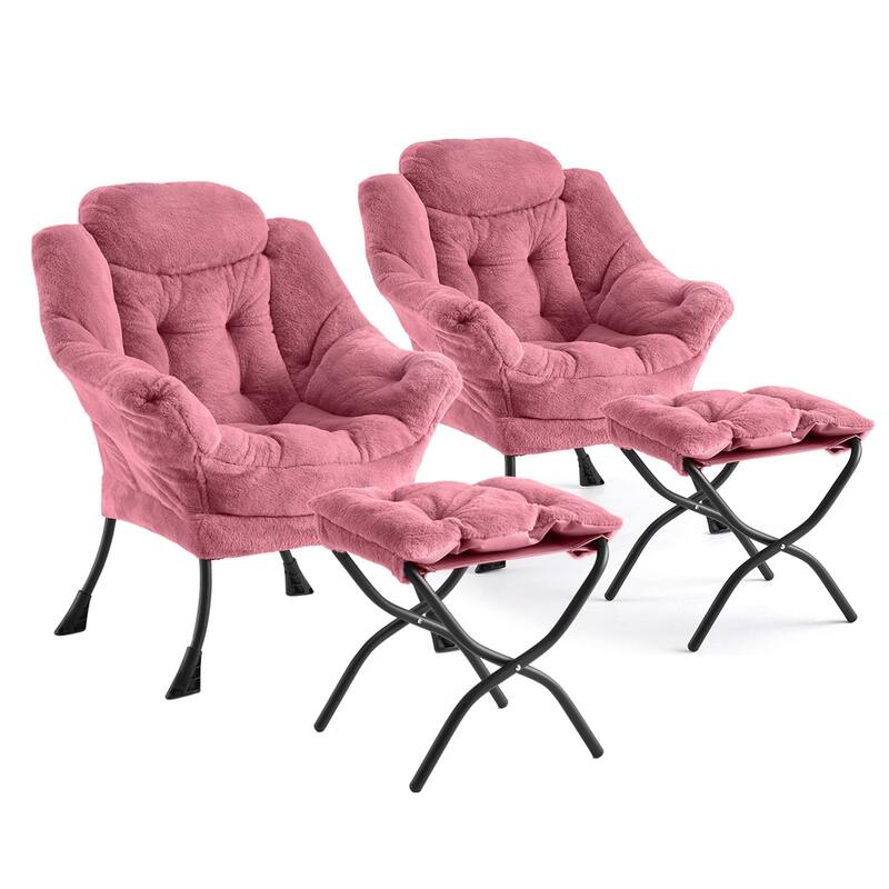 2Pcs Lazy Chair with Ottoman, Modern Lounge Accent Chair,Leisure Sofa Armchair with Footrest,Reading Armchair - Pink